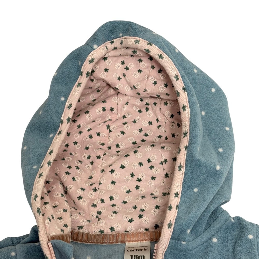 Carters Baby Girl 18M Blue Polka Dot Fleece Hooded Jumpsuit Romper Cat Back Zip - Picture 7 of 8
